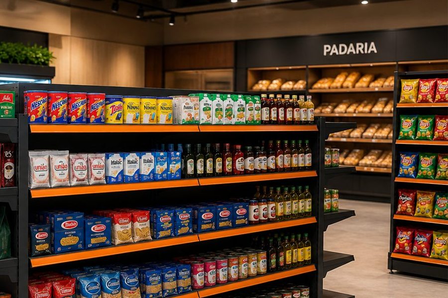 Loja com setor de padaria e gôndolas abastecidas