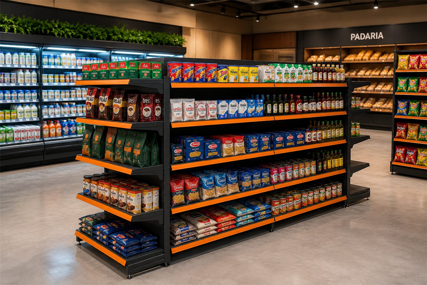 Gôndola Polar em ambiente de loja, carregada com produtos